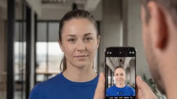 Ein Kollege fotografiert eine Mitarbeiterin mit dem Smartphone, auf dem Display die Foto-Erfassung