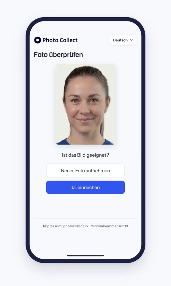 Foto-Upload per Smartphone: das verarbeitete Portraitfoto mit der Frage «Ist das Bild geeignet?» vor dem Einreichen