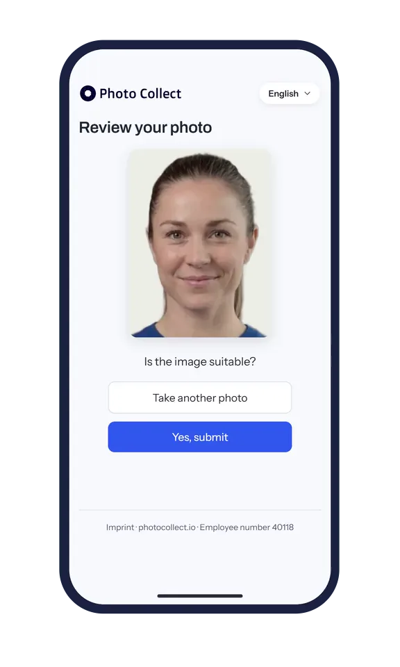 Photo upload by smartphone: the processed portrait photo with the question “Is the image suitable?” before submitting