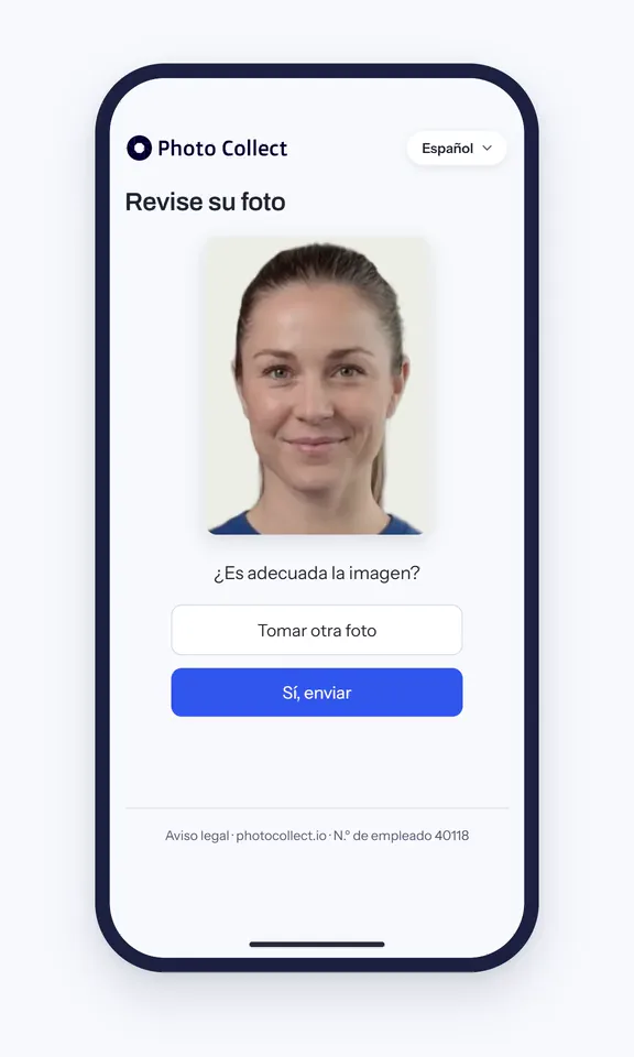 Carga de la foto desde el smartphone: la foto de retrato procesada con la pregunta «¿Es adecuada la imagen?» antes de enviarla