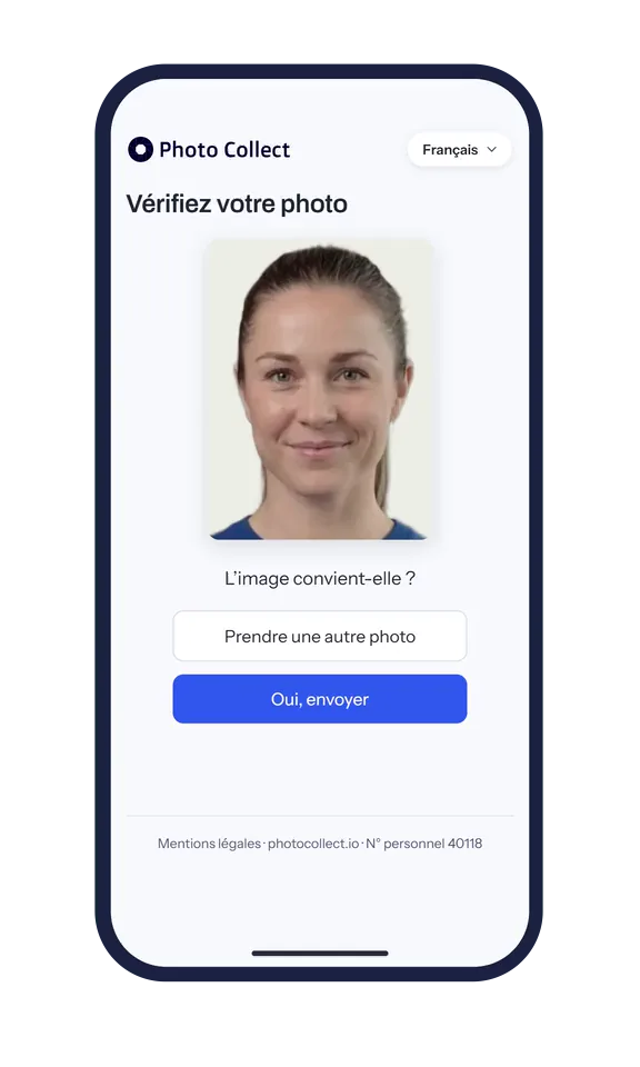 Téléversement de photo par smartphone : la photo portrait traitée avec la question « L'image convient-elle ? » avant l'envoi