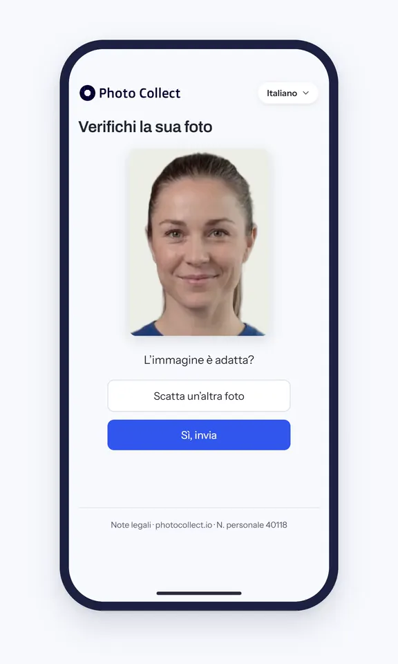 Caricamento della foto tramite smartphone: la foto ritratto elaborata con la domanda «L'immagine è adatta?» prima dell'invio